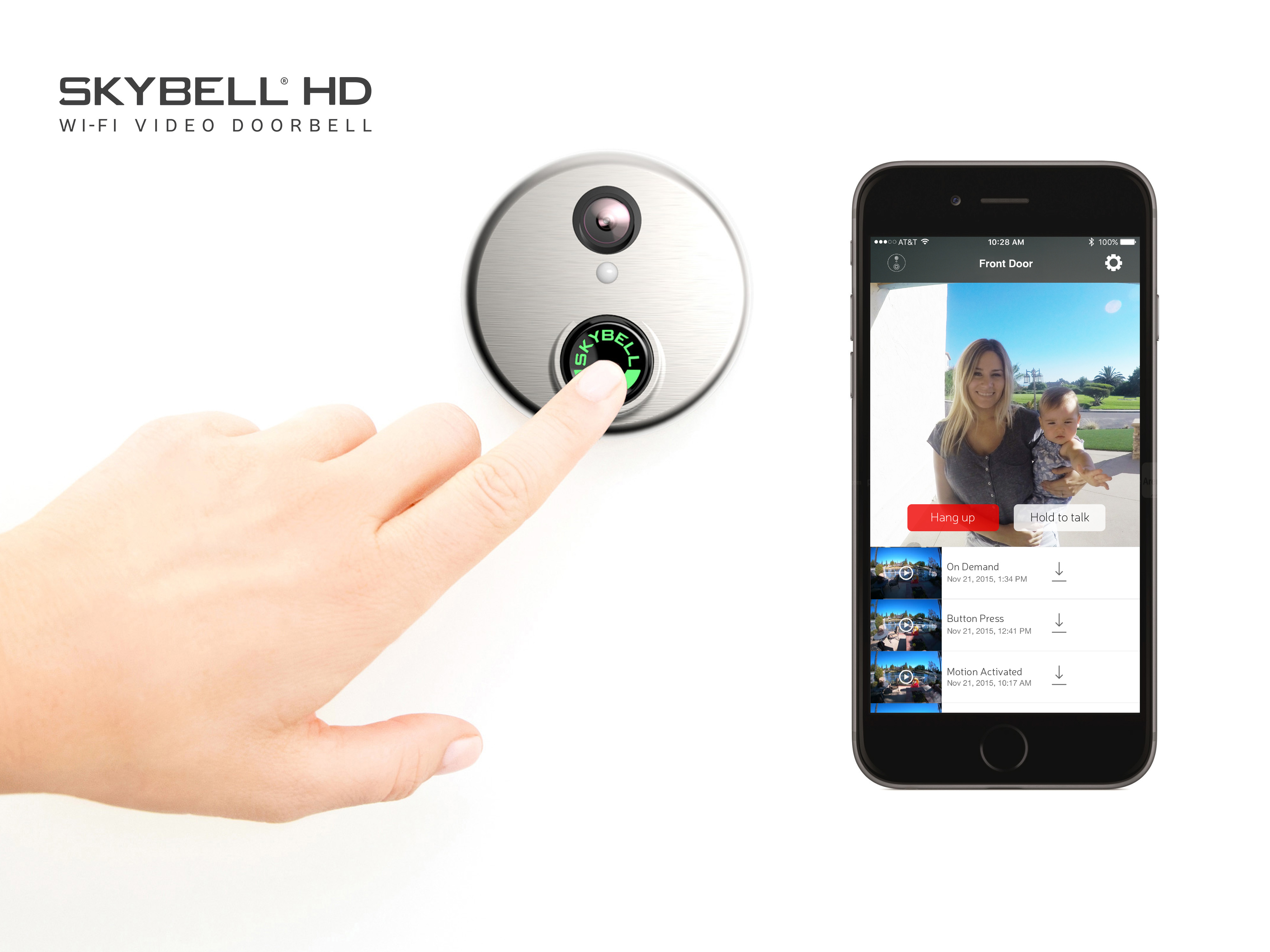 Woman’s hand pressing the SkyBell doorbell next to a smartphone showing an image of the woman at the door.
