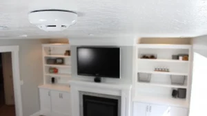 A carbon monoxide detector attached to the ceiling in a living room of a home