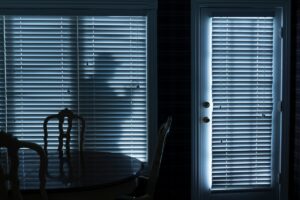 A burglar standing outside a door in the shadows