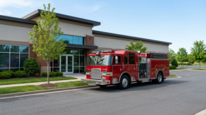 Red fire engine parked outside a commercial office building on a calm, sunny day